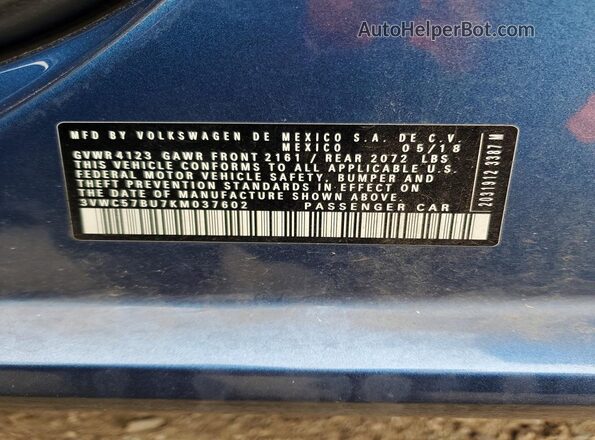 3VWC57BU7KM037602 2019 VOLKSWAGEN JETTA Синий Вид наклейки с VIN-кодом
