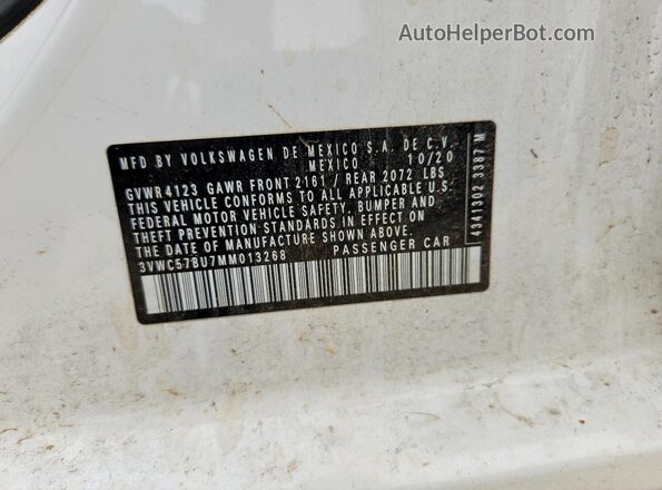 3VWC57BU7MM013268 2021 VOLKSWAGEN JETTA White Вид наклейки з VIN-кодом
