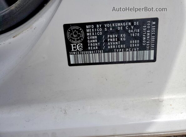 3VWC57BU8KM017763 2019 VOLKSWAGEN JETTA White Widok naklejki z numerem VIN