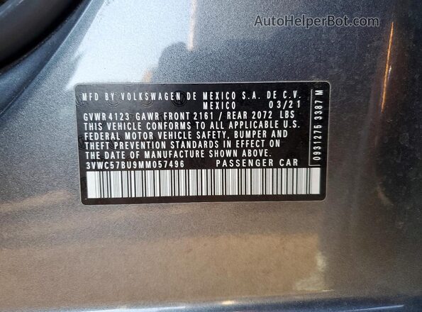 3VWC57BU9MM057496 2021 VOLKSWAGEN JETTA Серый Вид наклейки с VIN-кодом