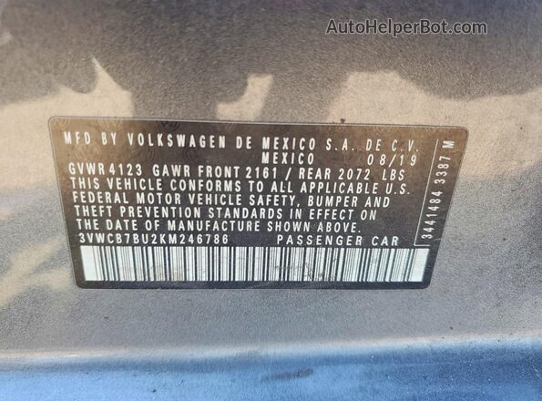 3VWCB7BU2KM246786 2019 VOLKSWAGEN JETTA Gray ძრავის განყოფილების ხედი