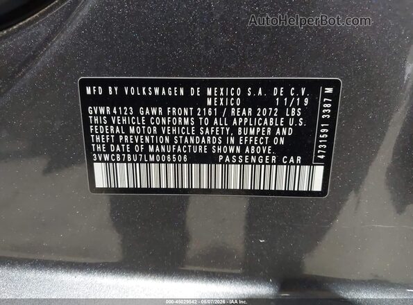3VWCB7BU7LM006506 2020 VOLKSWAGEN JETTA Gray Widok komory silnika