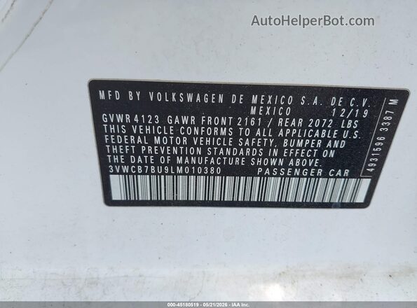 3VWCB7BU9LM010380 2020 VOLKSWAGEN JETTA Белый Вид подкапотного пространства