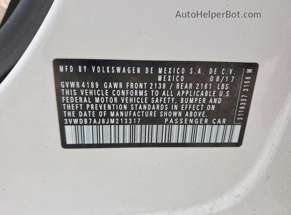 3VWDB7AJ8JM213317 2018 VOLKSWAGEN JETTA Белый Вид наклейки с VIN-кодом