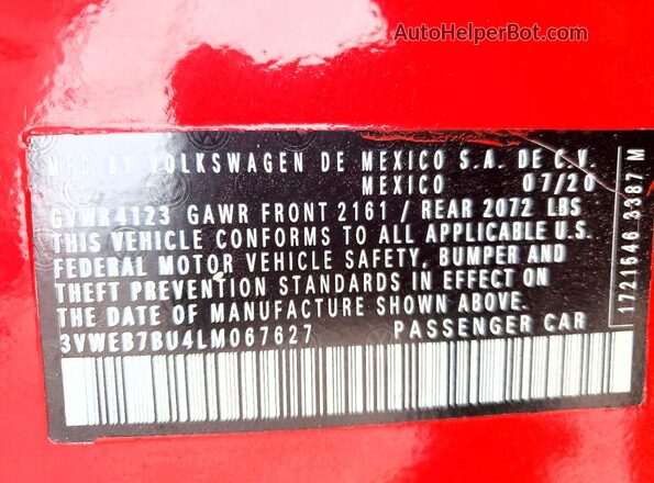 3VWEB7BU4LM067627 2020 VOLKSWAGEN JETTA Красный Вид наклейки с VIN-кодом