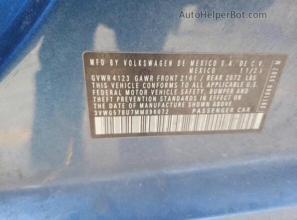 3VWG57BU7MM096072 2021 VOLKSWAGEN JETTA Синий Вид наклейки с VIN-кодом