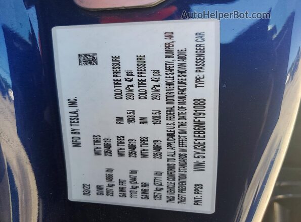 5YJ3E1EB6NF191088 2022 TESLA MODEL Синий Вид наклейки с VIN-кодом