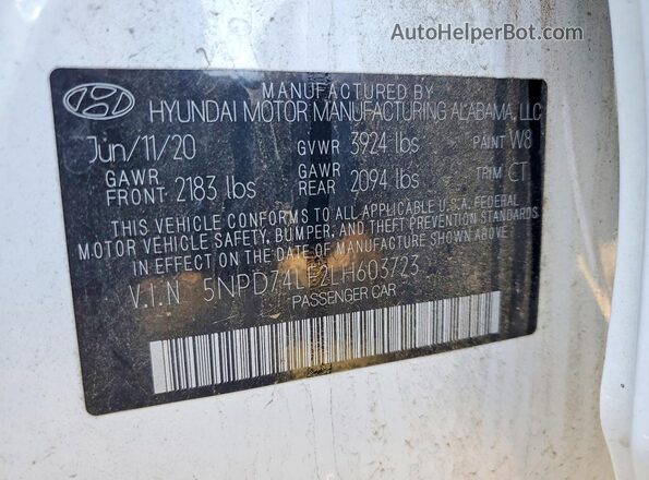 5NPD74LF2LH603723 2020 HYUNDAI ELANTRA White Widok naklejki z numerem VIN