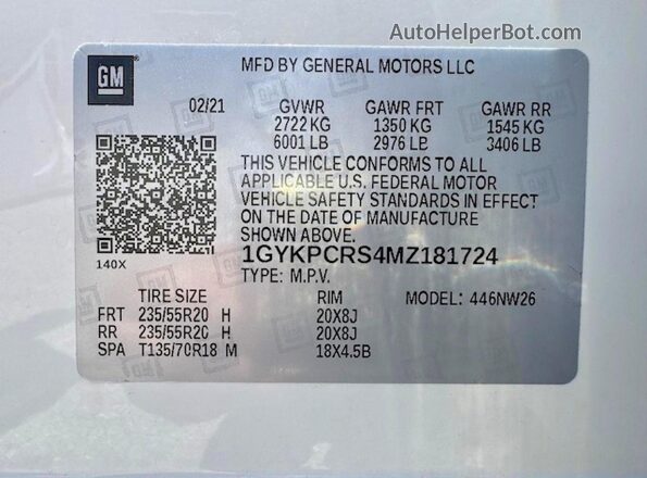 1GYKPCRS4MZ181724 2021 CADILLAC XT6 Белый 