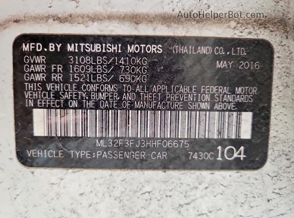 ML32F3FJ3HHF06675 2017 MITSUBISHI MIRAGE Белый Вид наклейки с VIN-кодом