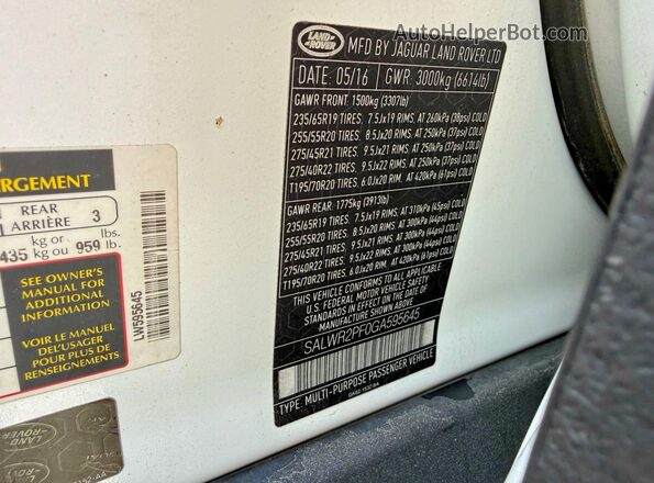 SALWR2PF0GA595645 2016 LAND ROVER RANGE ROVER White Вид задньої частини салону