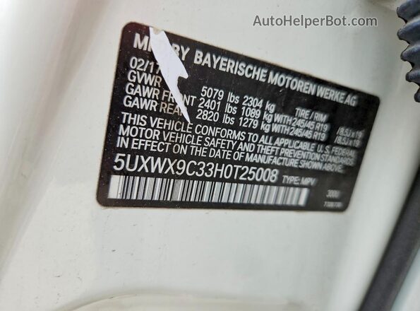 5UXWX9C33H0T25008 2017 BMW X3 Белый Панорамный вид салона 360°