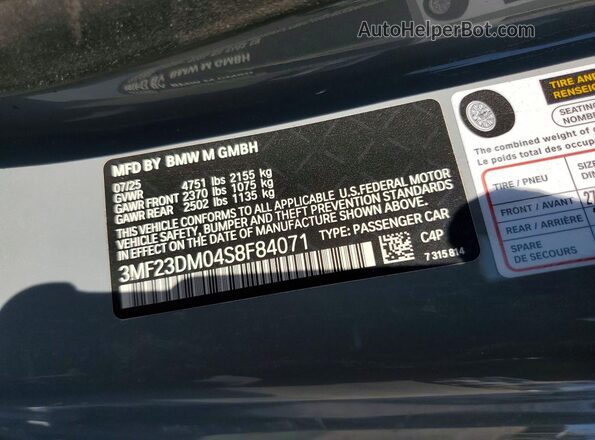 3MF23DM04S8F84071 2025 BMW M2 Gray VIN sticker view