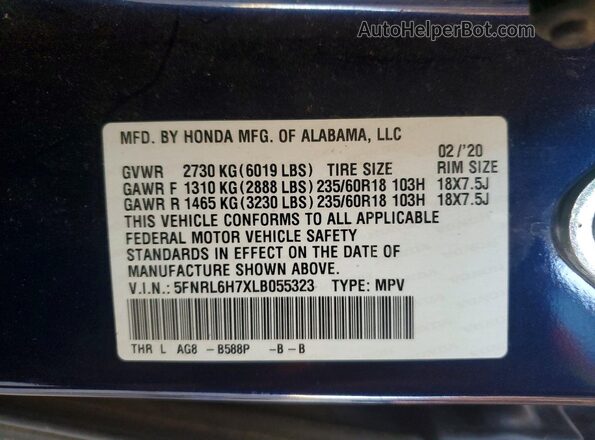 5FNRL6H7XLB055323 2020 HONDA ODYSSEY Blue Панорамний вид салону 360°