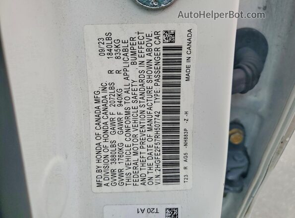 2HGFE2F57RH507742 2024 HONDA CIVIC White VIN կոդի պիտակի տեսք