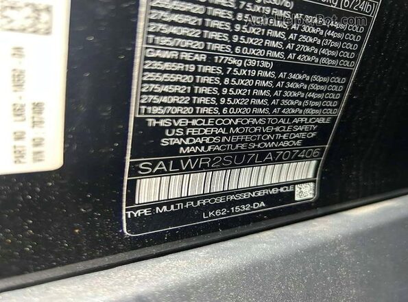 SALWR2SU7LA707406 2020 LAND ROVER RANGE Черный Вид задней части салона