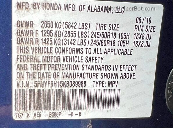 5FNYF6H15KB089988 2019 HONDA PILOT Синий Вид задних сидений