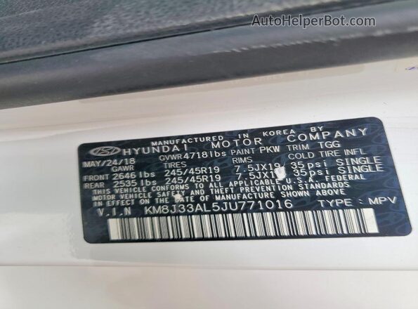 KM8J33AL5JU771016 2018 HYUNDAI TUCSON Белый Панорамный вид салона 360°