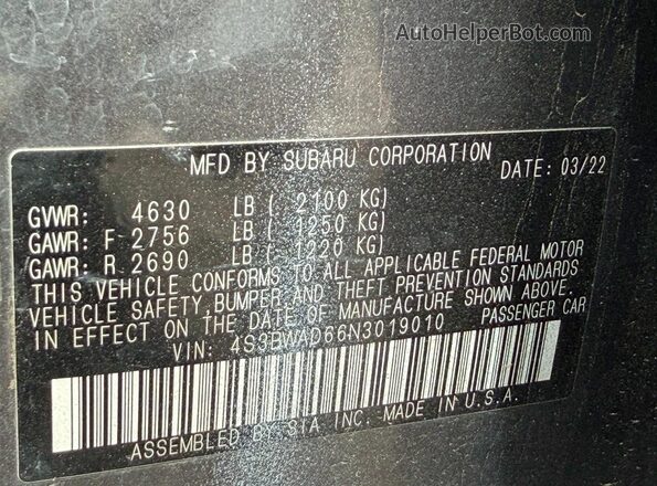 4S3BWAD66N3019010 2022 SUBARU LEGACY Gray Widok wnętrza z tyłu