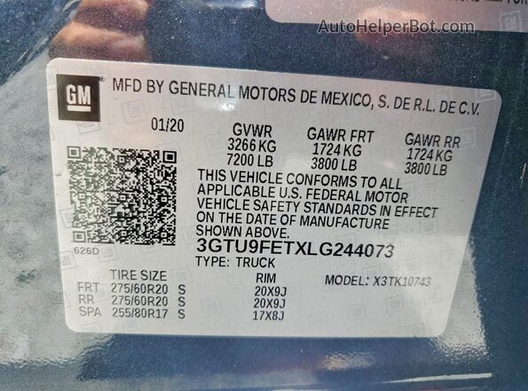 3GTU9FETXLG244073 2020 GMC SIERRA Gray Widok naklejki z numerem VIN