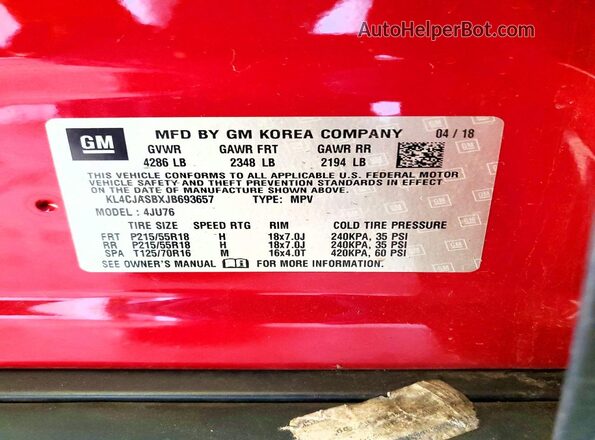 KL4CJASBXJB693657 2018 BUICK ENCORE Темно-бордовый Вид наклейки с VIN-кодом