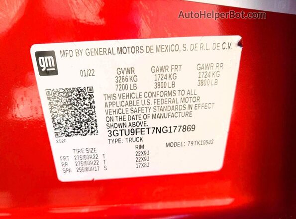 3GTU9FET7NG177869 2022 GMC SIERRA Красный Вид задней части салона