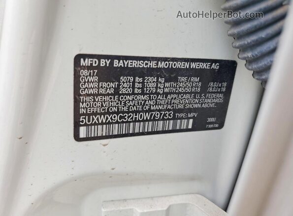 5UXWX9C32H0W79733 2017 BMW X3 Белый Вид наклейки с VIN-кодом