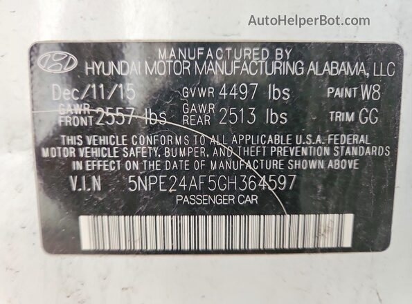 5NPE24AF5GH364597 2016 HYUNDAI SONATA Белый Вид наклейки с VIN-кодом