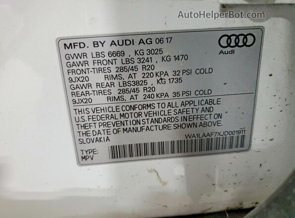 WA1LAAF7XJD001911 2018 AUDI Q7 Белый Вид наклейки с VIN-кодом