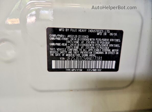 JF2SJGTC5HH417181 2017 SUBARU FORESTER White Widok naklejki z numerem VIN