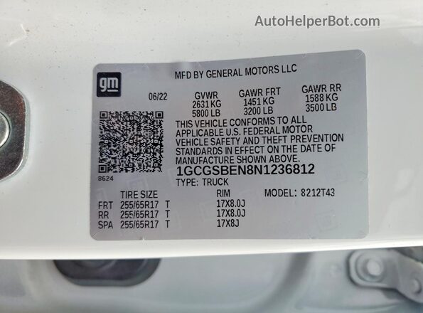 1GCGSBEN8N1236812 2022 CHEVROLET COLORADO White Вид наклейки з VIN-кодом