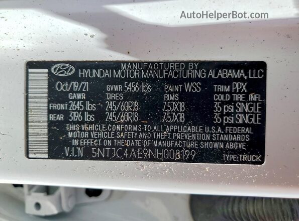 5NTJC4AE9NH008199 2022 HYUNDAI SANTA CRUZ White Widok naklejki z numerem VIN