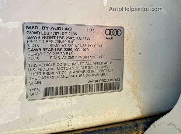 WA1BCCFS2JR018632 2018 AUDI Q3 Белый Вид задней части салона