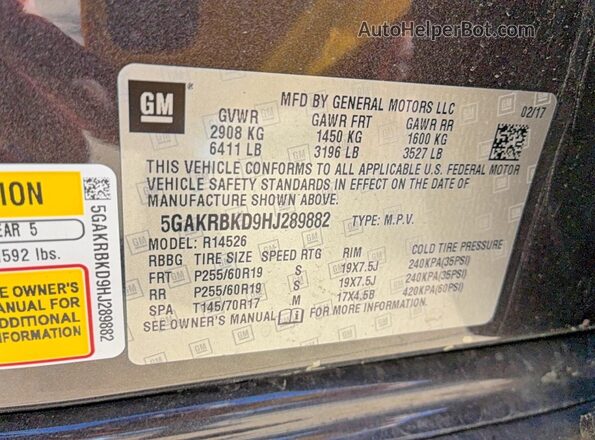 5GAKRBKD9HJ289882 2017 BUICK ENCLAVE Gray Widok wnętrza z tyłu