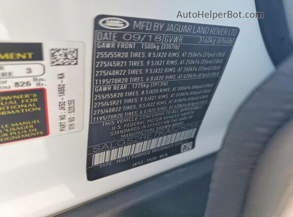 SALGS2RE7KA528255 2019 LAND ROVER RANGE Белый Вид наклейки с VIN-кодом