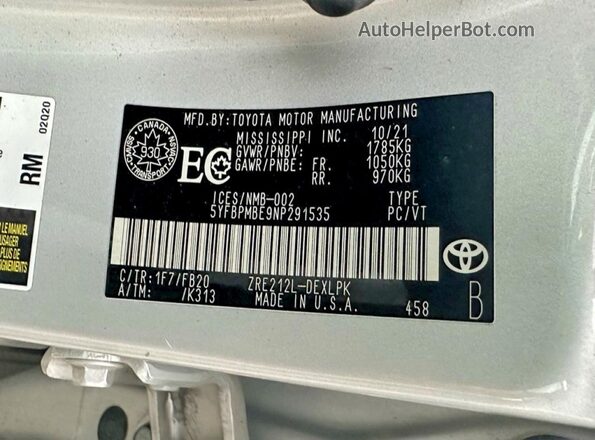 5YFBPMBE9NP291535 2022 TOYOTA COROLLA Silver Vista interior trasera