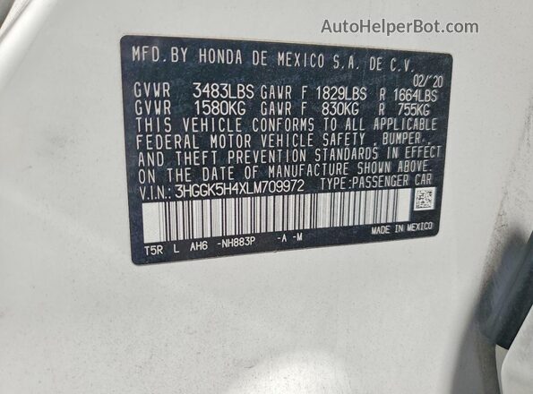 3HGGK5H4XLM709972 2020 HONDA FIT Белый Панорамный вид салона 360°