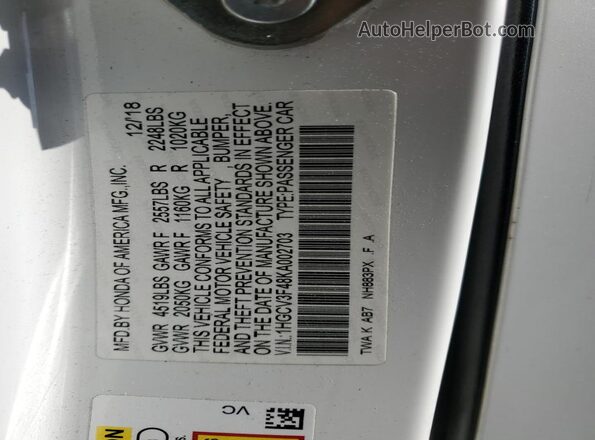 1HGCV3F48KA002703 2019 HONDA ACCORD White Widok komory silnika