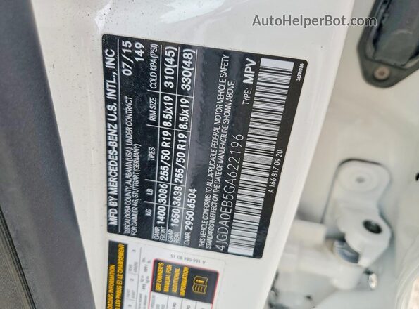 4JGDA0EB5GA622196 2016 MERCEDES-BENZ GLE White Вид наклейки з VIN-кодом