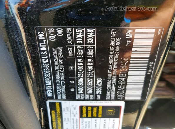 4JGDA5HB4JB124436 2018 MERCEDES-BENZ GLE Черный Вид наклейки с VIN-кодом