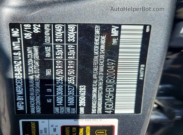 4JGDA5HBXJB200497 2018 MERCEDES-BENZ GLE Угольный Вид наклейки с VIN-кодом