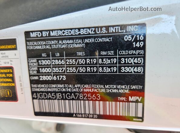 4JGDA5JB1GA782563 2016 MERCEDES-BENZ GLE White Widok naklejki z numerem VIN