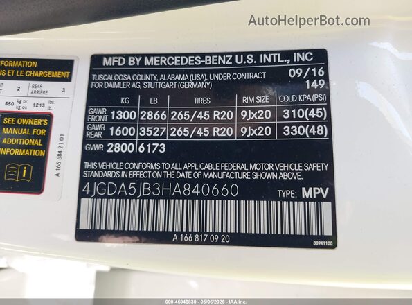 4JGDA5JB3HA840660 2017 MERCEDES-BENZ GLE 350 White Widok komory silnika