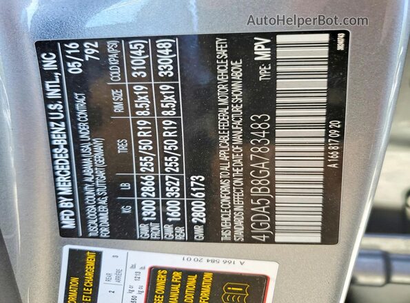 4JGDA5JB8GA783483 2016 MERCEDES-BENZ GLE Gray Widok naklejki z numerem VIN