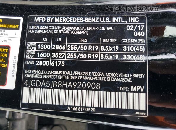 4JGDA5JB8HA920908 2017 MERCEDES-BENZ GLE Black Widok naklejki z numerem VIN