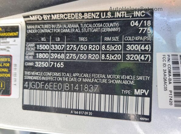4JGDF6EE0JB141837 2018 MERCEDES-BENZ GLS Серебряный Панорамный вид салона 360°
