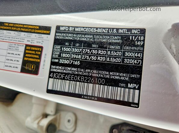 4JGDF6EE0KB226100 2019 MERCEDES-BENZ GLS White Widok naklejki z numerem VIN