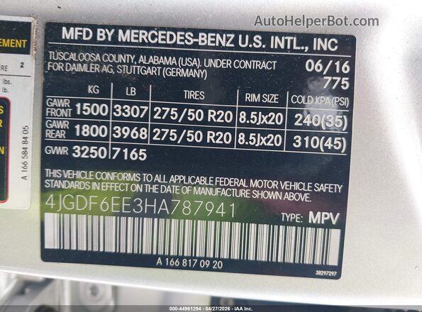 4JGDF6EE3HA787941 2017 MERCEDES-BENZ GLS 450 Silver Շարժիչի բաժամունքի տեսք
