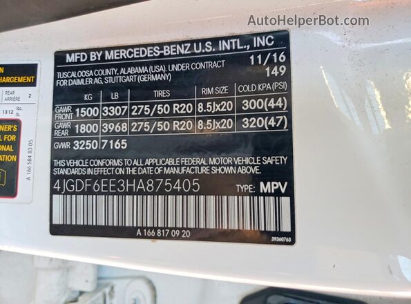 4JGDF6EE3HA875405 2017 MERCEDES-BENZ GLS White Вид наклейки з VIN-кодом