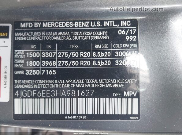 4JGDF6EE3HA981627 2017 MERCEDES-BENZ GLS 450 Gray Widok komory silnika